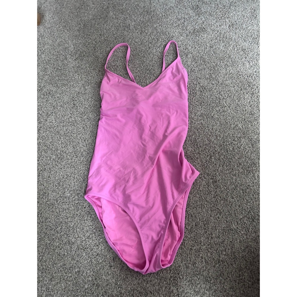 Aerie Pink One Piece Swimsuit Lace Up Back V-Neck Long Torso Size L/G